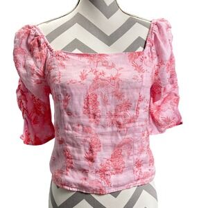 Cynthia Rowley Linen Pink Floral Print Puff Sleeve‎ Smocked Blouse Top Medium